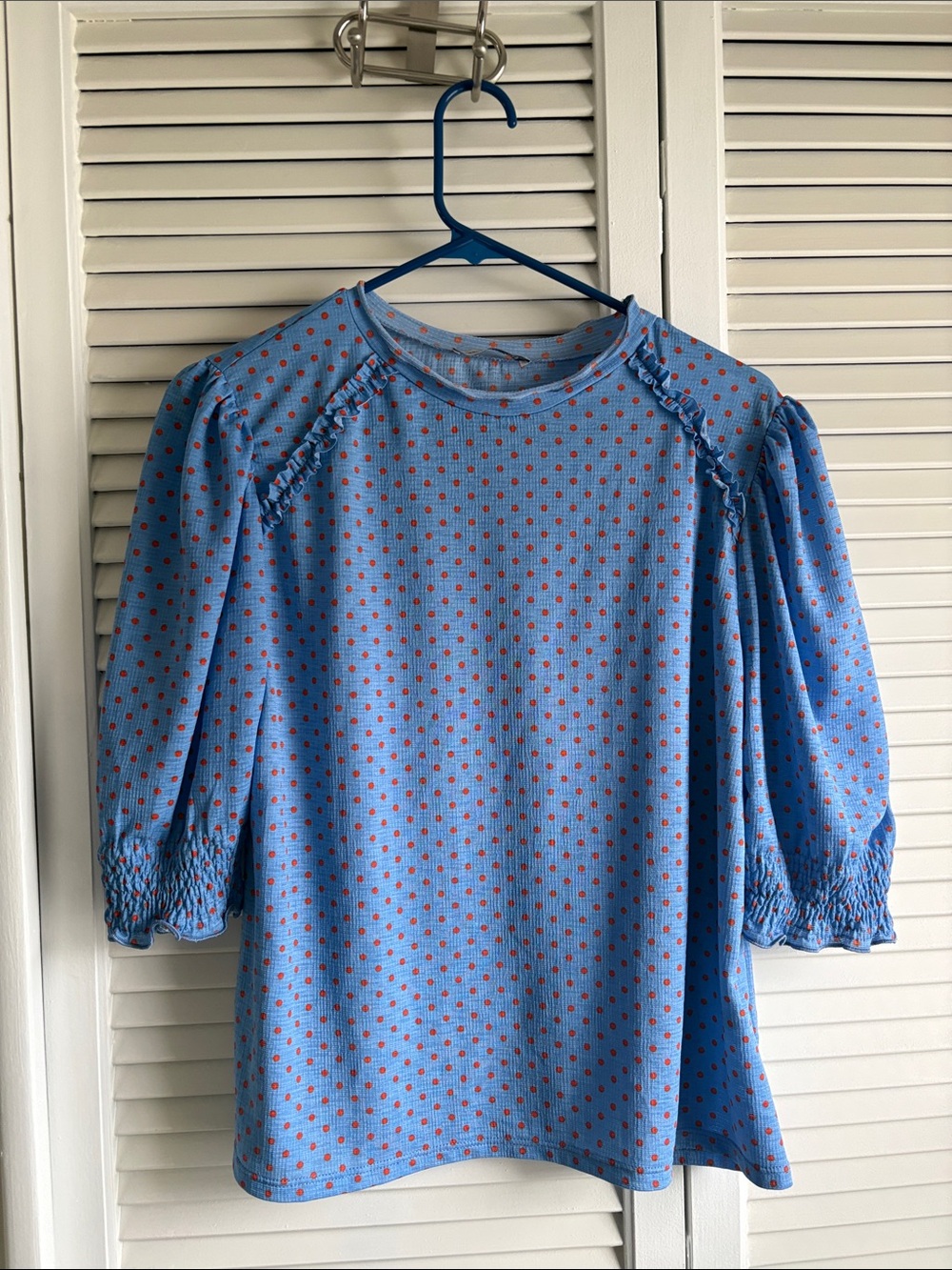 Zara Light Blue Top with Orange Polka Dots